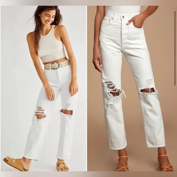 AGOLDE 90's Mid Rise White Loose Fit Distressed Jeans - Picture 2 of 3